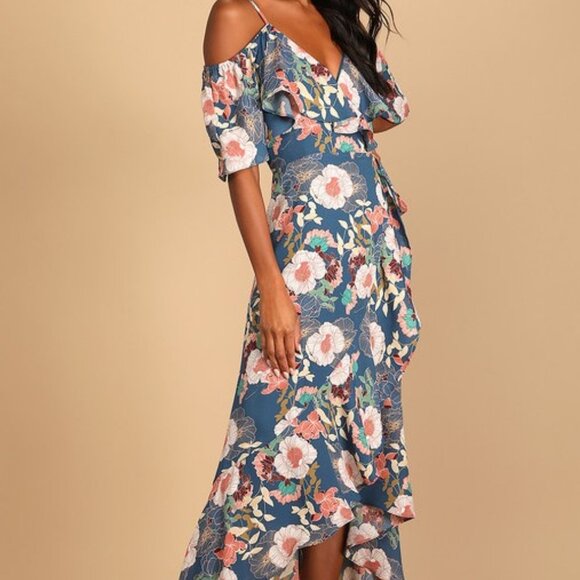 Lulu's Fully Bloomed Blue Floral Print Off-the-Shoulder Maxi Wrap Dress - Picture 1 of 6